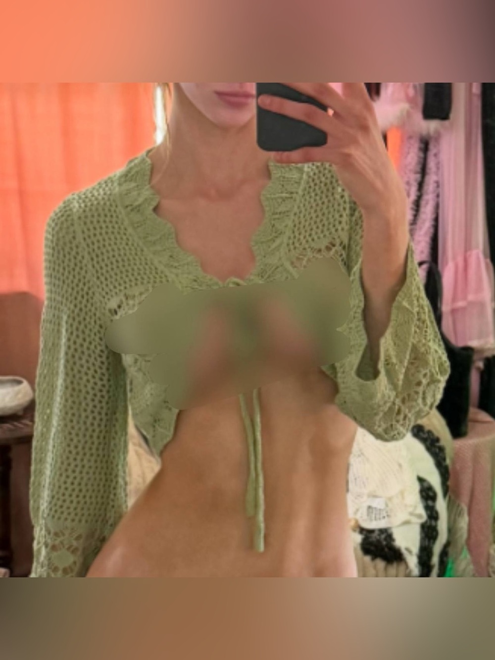 Olive Green Cropped Crochet Tie-Front Sweater
